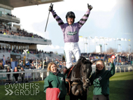 Angus Cheleda celebrating after winning on Hacker Des Places at Aintree - 8 April 2022