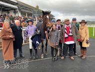 Makin'yourmindup after winning at Chepstow with jockey Lorcan Williams and Owners - 3 December 2022