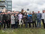 Maximilian with jockey Brian Hughes, Donald McCain and winning Owners at Doncaster - 28 January 2023